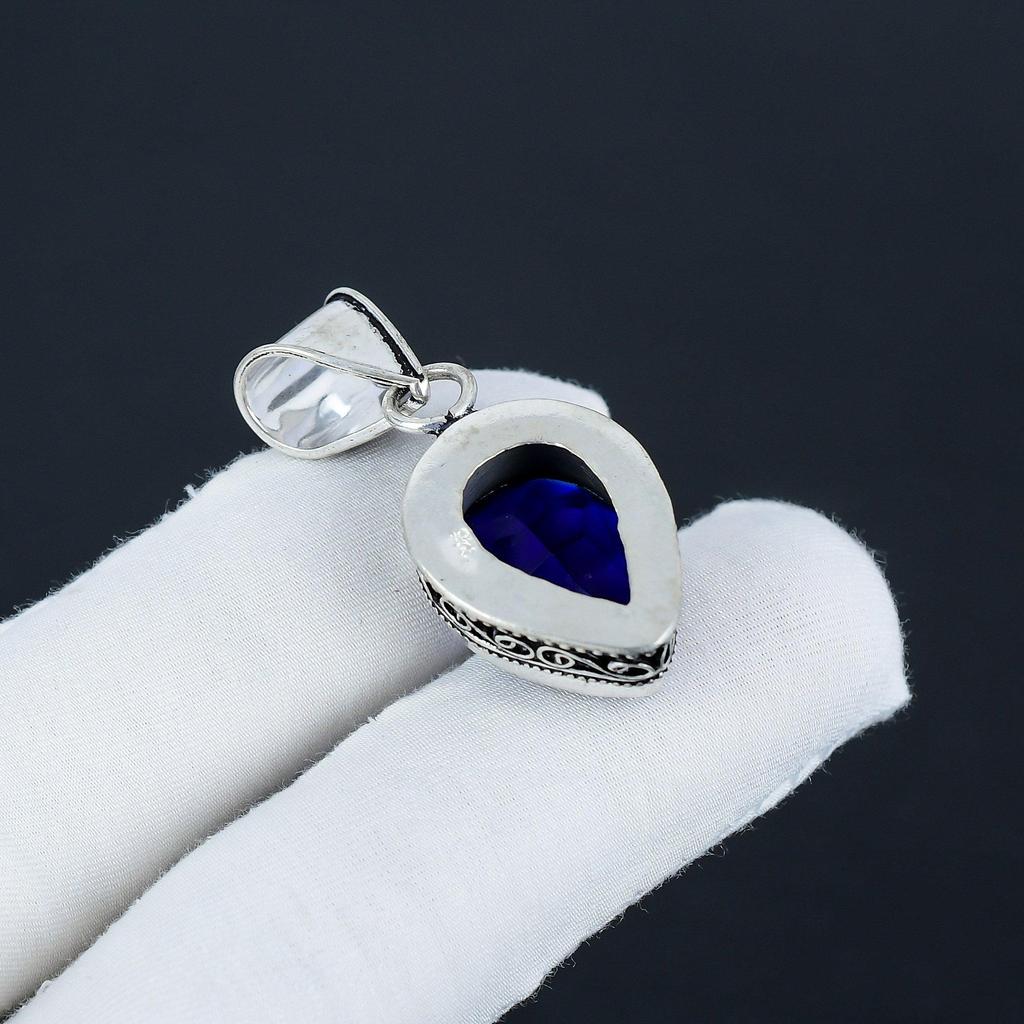 Unique Blue Sapphire Gemstone Silver Pendant in 925 Sterling Silver - Handmade Pear Design, Everyday Wear Jewelry Anniversary Gift