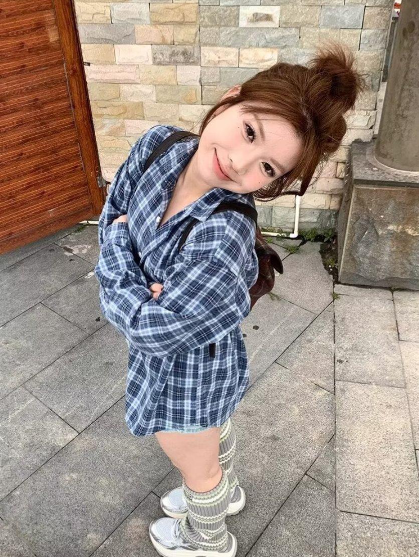 

Женский клетчатый кардиган в корейском стиле: Универсальный топ для защиты от солнца для осени и лета XL синий