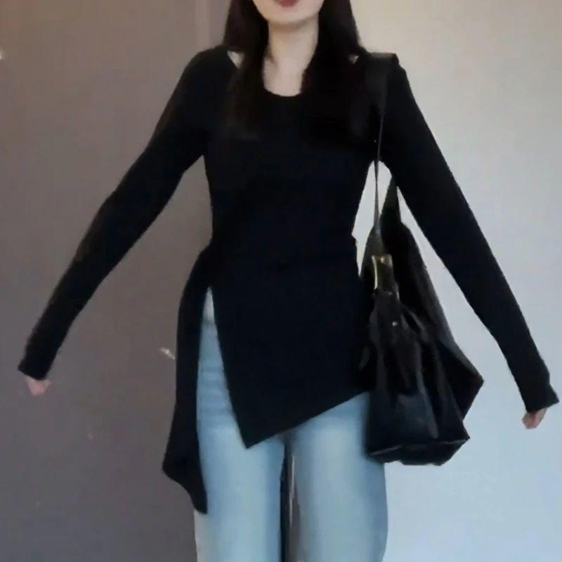 

Women s Plus Size Slimming Split Knit Top - Spring 2025 XL чорний