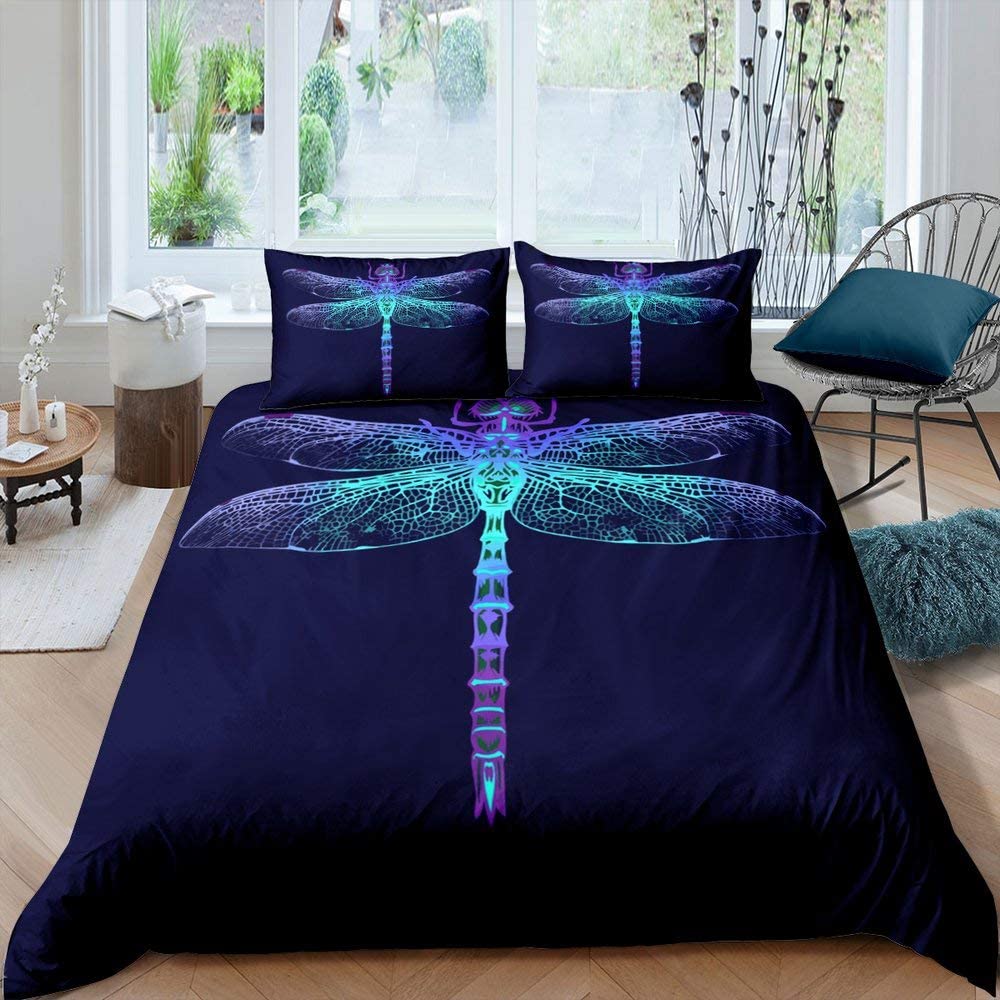 Dragonfly Duvet Cover Set King Queen Full Size Polyester Comforter Cover Watercolour Style For Kids Teens Adults With Pillowcase