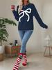 Women's Pink Bow Long Sleeve Christmas Sweater, Autumn/Winter European American Style, Loose Round Neck Knit Top