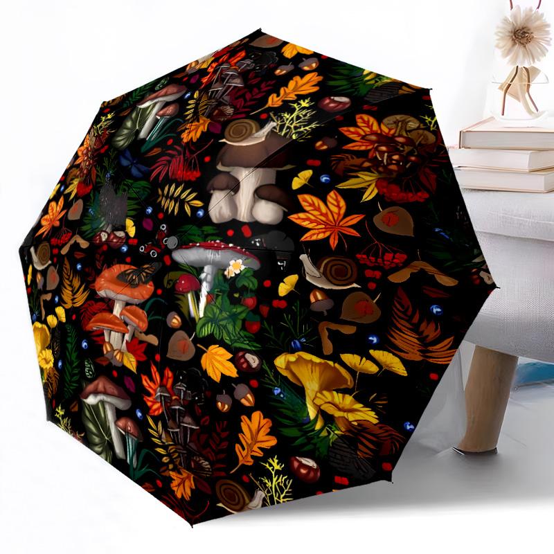 Mystical Forest Mushrooms Compact Travel Automatic Umbrella Compact 8-Rib Design Durable Plastic & Iron Travel Essential Elegant Umbrella