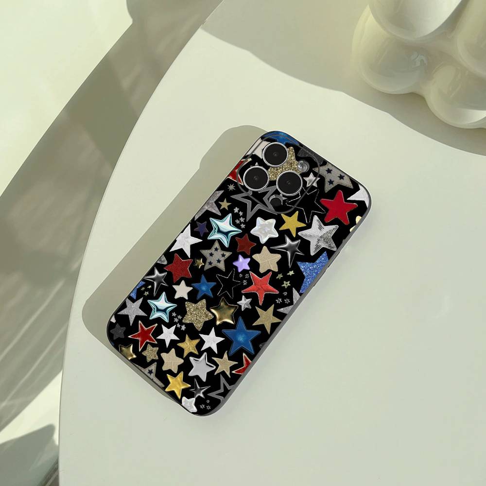 

C-Colorful Star Phone Case For iPhone 17,16,15,14,13,12,11 Pro Max, Lightweight and practical Soft Black Cover iPhone15plus