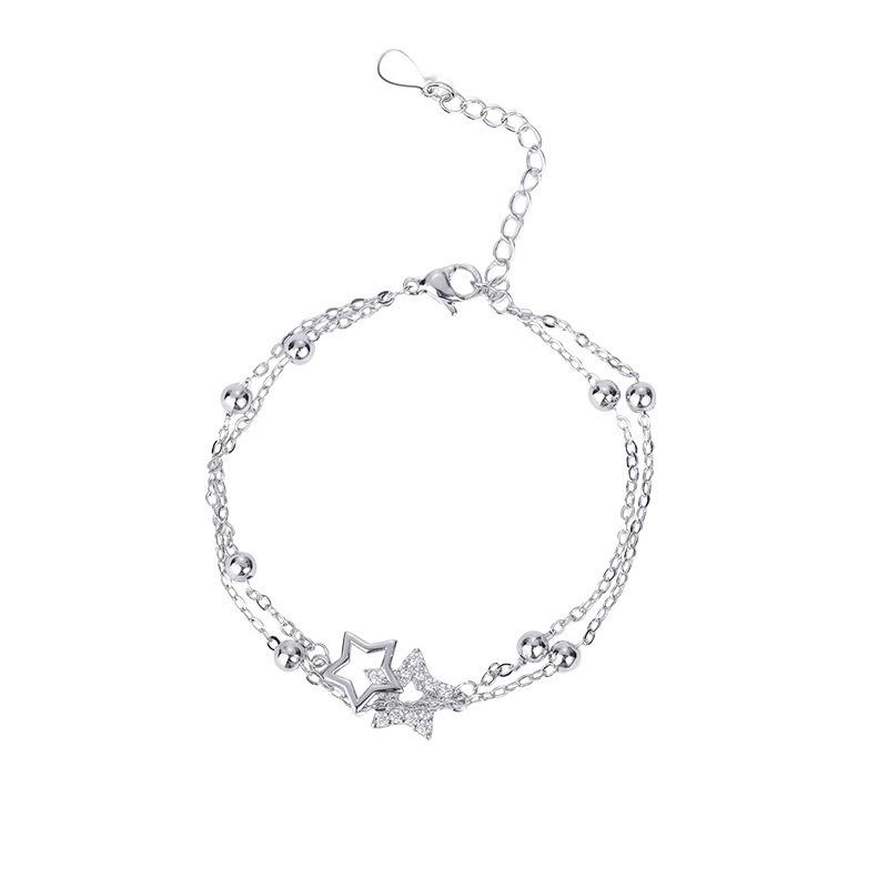 

Серебряный цвет, двухслойный браслет со звездами и бусинами из кубического циркона для женщин, элегантный браслет-цепочка, подарок на день рождения серебряный
