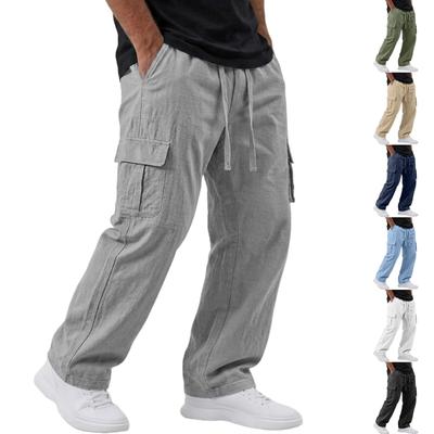 Men's Cotton Linen Cargo Pants - Lightweight Breathable Multi-Pocket Loose Fit Casual Long Trousers with Drawstring Waist for Summer Hiking and Work