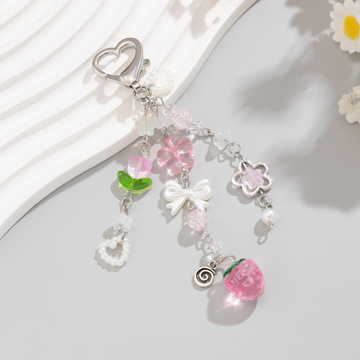 

Милый милый бант клубника звезды брелок Y2K мода девушки искусственный жемчуг металлическая цепочка стеклянные бусины кулон сумка цепи аксессуары