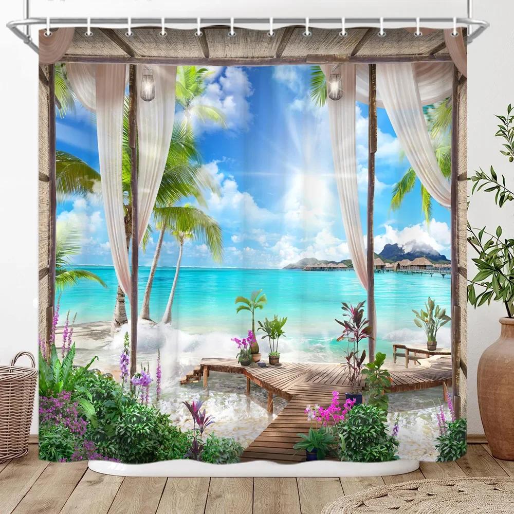 

3D Roman Column Palace Sea View Shower Curtain Green Palm Tree Lake Landscape Bathroom Decor Bath Curtain Polyester Fabric Hooks 90x180cm-35x70in
