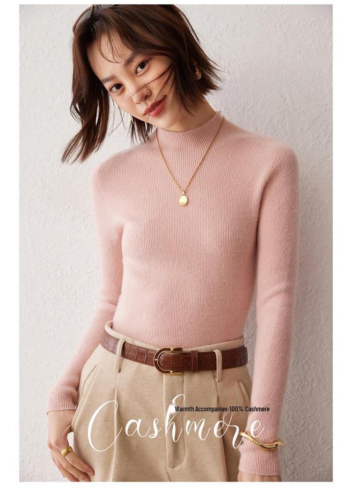 Women's Cashmere Striped High Neck Slim Fit Long Sleeve Top