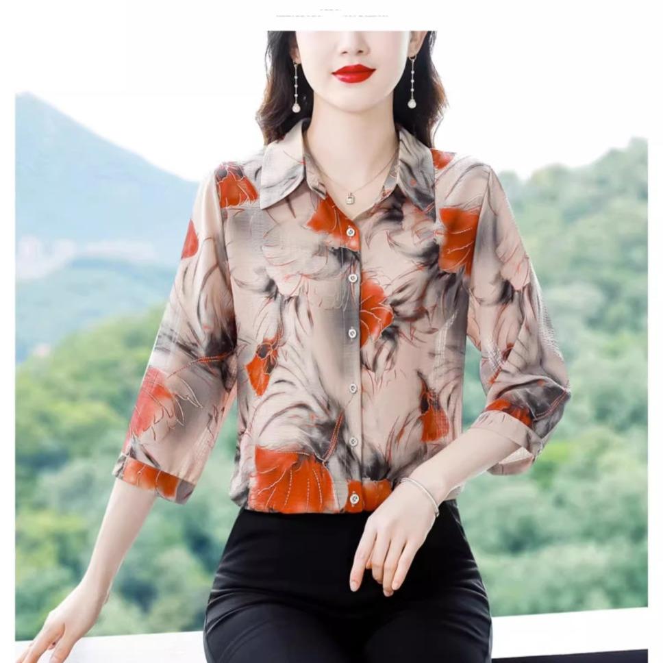 Blusa de manga 3/4 para verano y otoño, nueva ropa de mujer a la moda, camisa con cuello vuelto y estampado para mamá, tallas M a 5XL