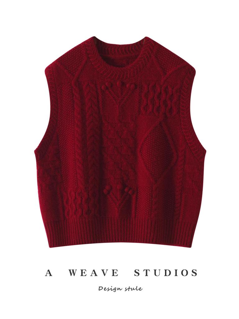 Solid Color Cable Knit Sleeveless Vest - Round Neck, Three-Needle Six-Strand Design, Perfect for Layering in Autumn and Winter