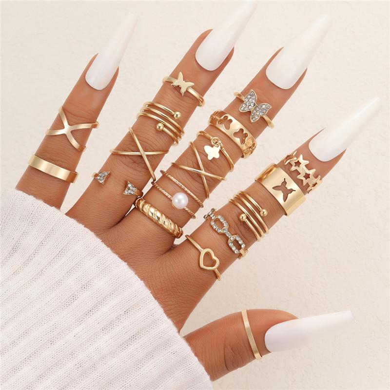 LETAPI Bohemian Vintage Heart Geometric Ring Set For Women Gold Color Boho Butterfly Pearl Hollow Leaves Rings Jewelry Gifts