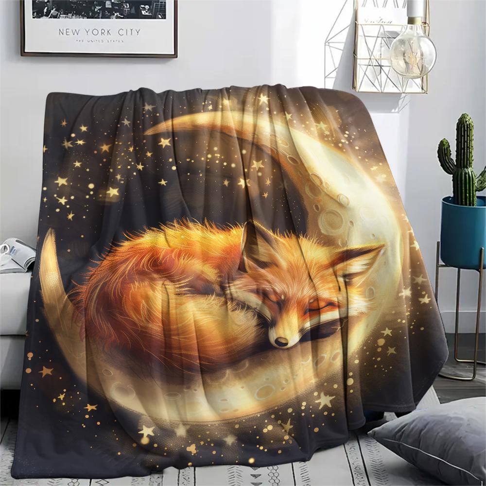 Fox and Moon pattern Flannel Blanket, High quality Comfortable for All Seasons, Home Decor, Warmth and Comfort, Perfect for Gifts.