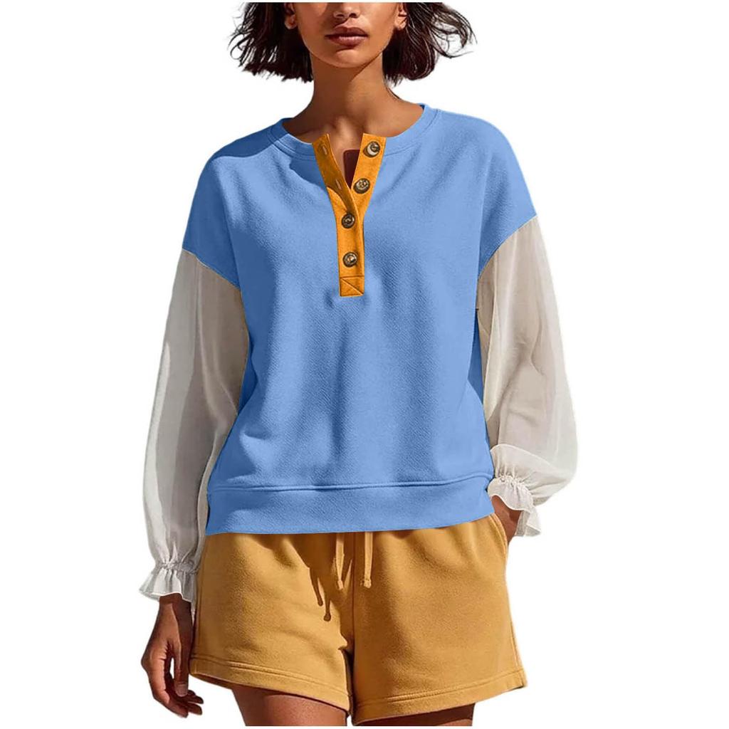 Women's Pullover Sweatshirt with Chiffon Long Sleeves Color Block Design Casual Loose Fit Buttoned Neckline