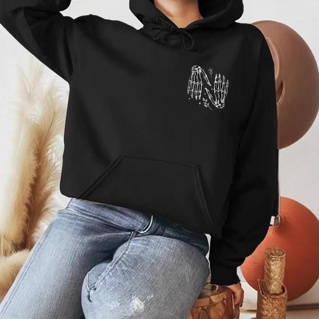 Women's Fleece-Lined Skull Print Hoodie with Kangaroo Pocket