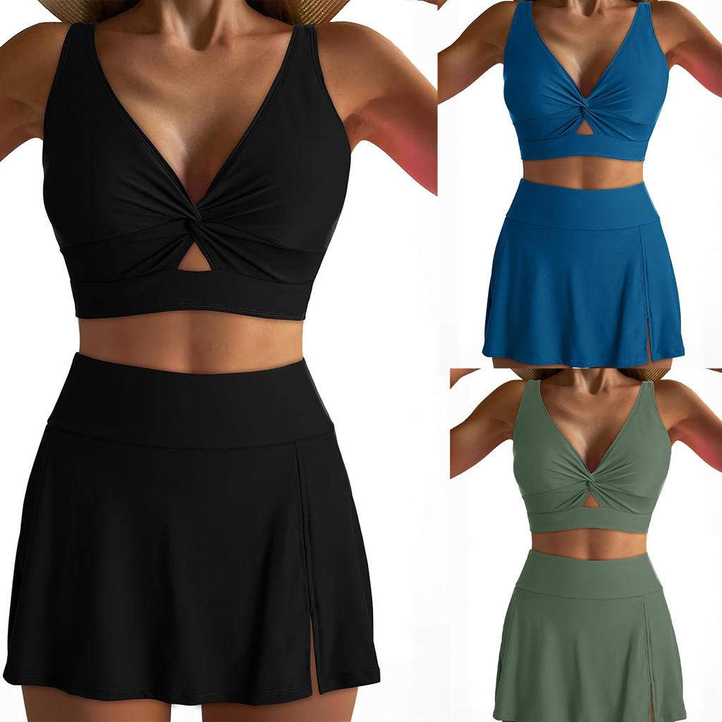 Solid Push Up High Waist Skort Sexy Two Piece Bikini Set Elegant Slimming