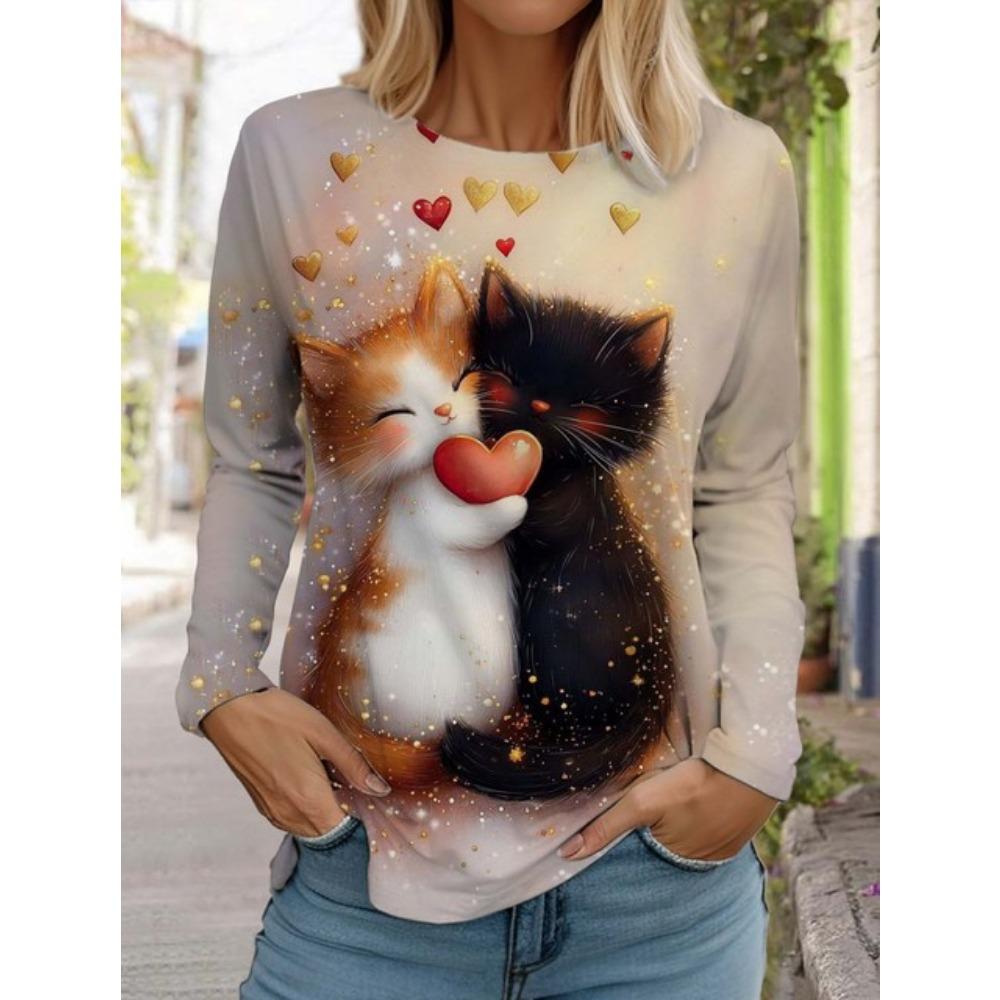 Cute Cat Women's Long Sleeves T-Shirt Round Neck Long Sleeved Autumn Animal Clothing Holiday Gift Clothing Fashion Party T-Shirt