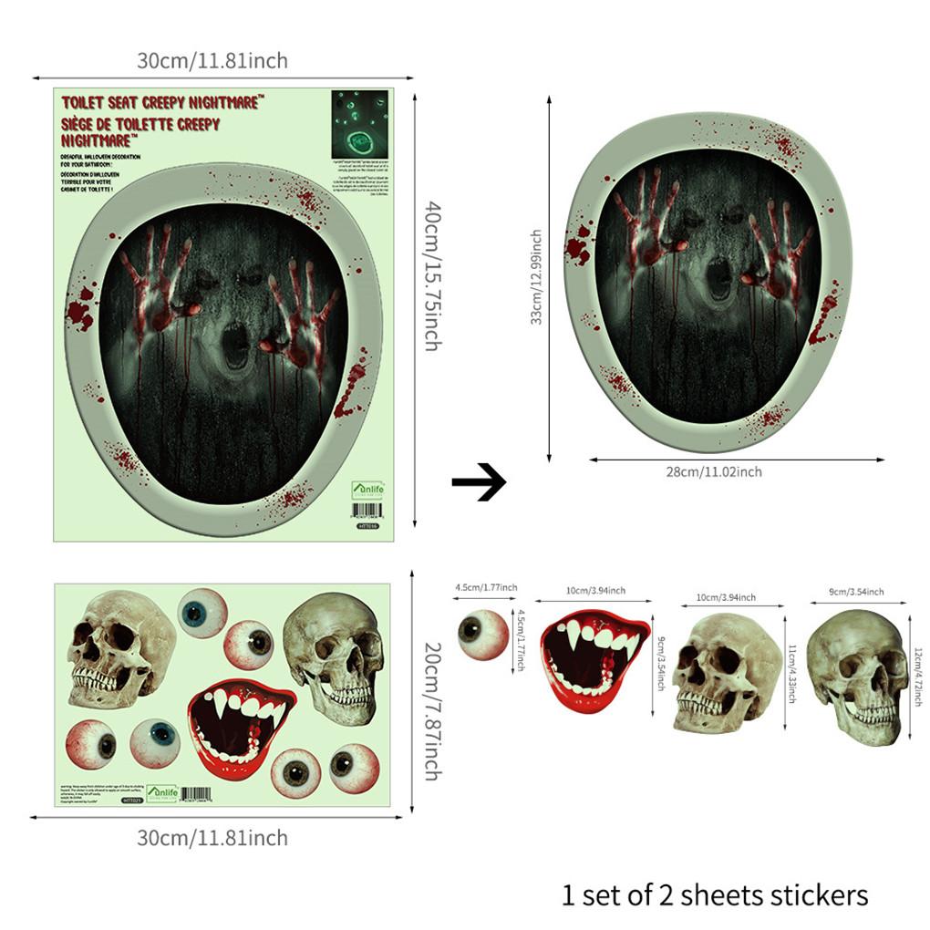 2Pcs Halloween Luminous Toilet Lid Decals Scary Wall Stickers DIY Horror Bathroom Home Party Decor