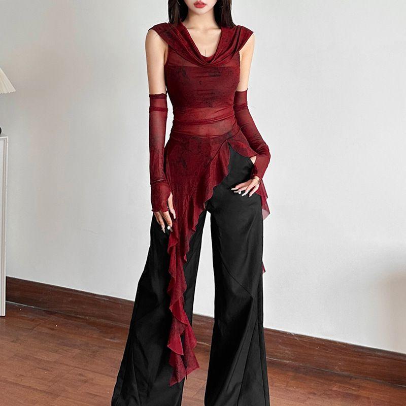 Top Western Style 2024 Autumn New Women Clothes Solid Slim Fit Street Fashion Hood Sleeveless Gauze Top Female