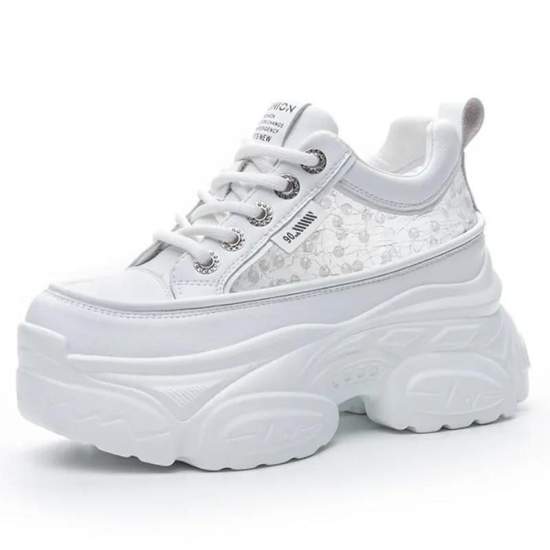 Fashion 8cm Air Mesh Genuine Leather Comfy Hollow Women Chunky Sneaker Ankle Boots Summer Platform Wedge Flats Breathable Shoes