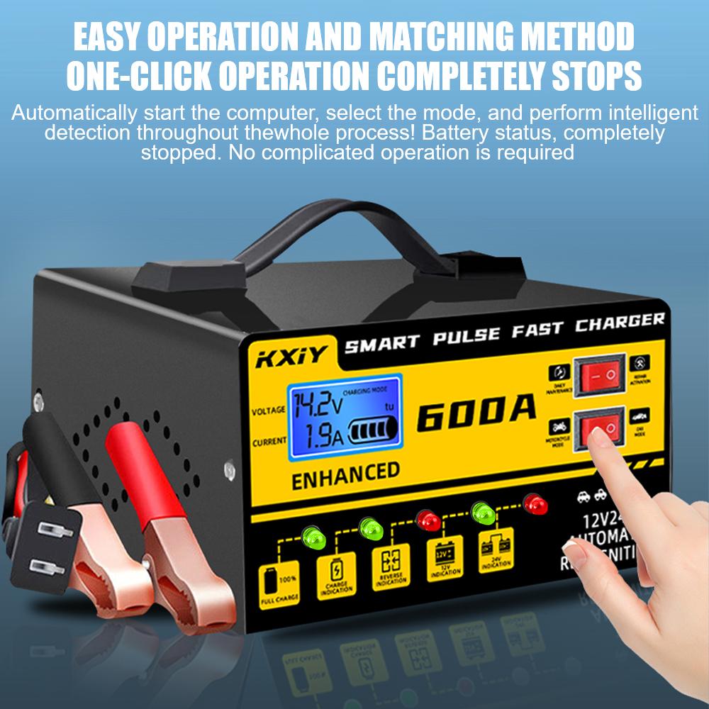 Voltage Temperature Detection Automatic Stop 12V 24V 600A EU/US Plug Intelligent Pulse Repair Car Battery Charger Digital LCD Display
