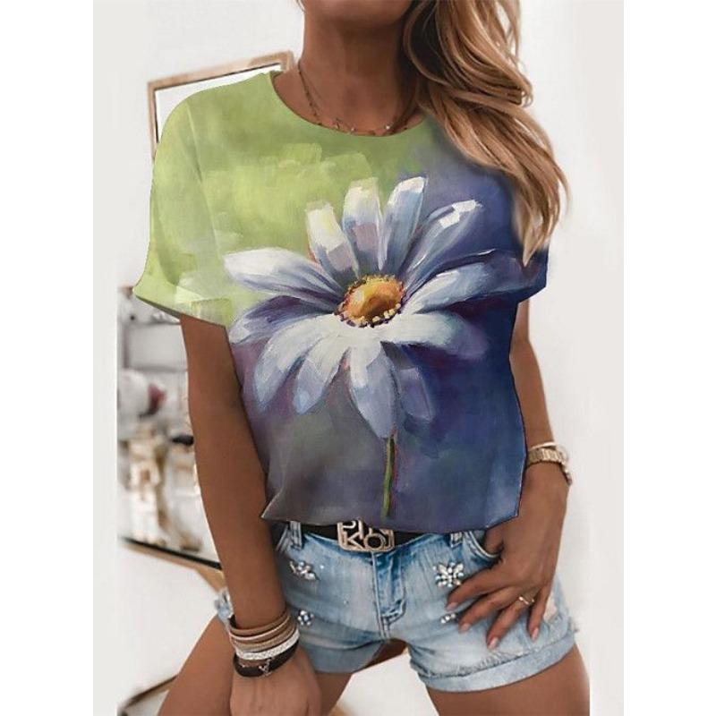 Summer Round Neck 3D Flowers Butterflies Dragonflies Pattern Print Top Fashionable Casual Short Sleeved Women's T-shirts