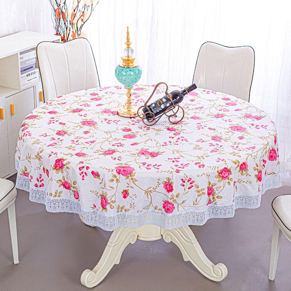 Pastoral Style PVC Tablecloth Printed Design Oil Resistant Waterproof Tablecloth Lace Hem Flower Pattern Round Table Cover