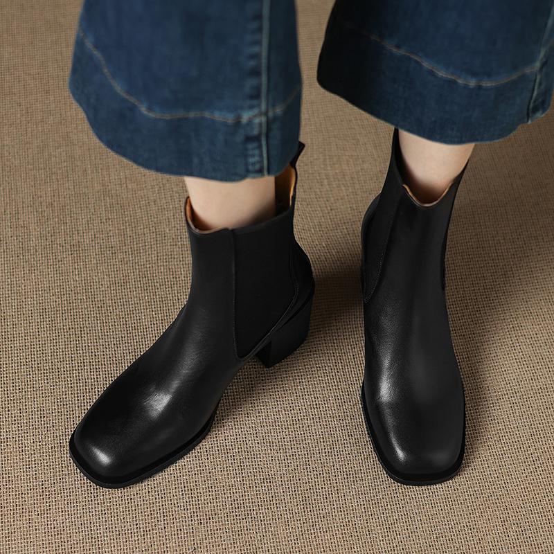Fashion NEW Autumn Women Boots Square Toe Chunky Heel Shoes Genuine Leather Shoes for Women Short Modern Boots Daily Shoes Slip-on Boots