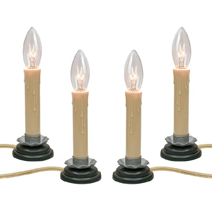 SUNSGNE Set of 4 Electric Window Candles, 7 Inch Plug in Window Candle Lamps with 7 Watt C26 Bulbs, Electric Candles with Black Wood Plum Iron Base,