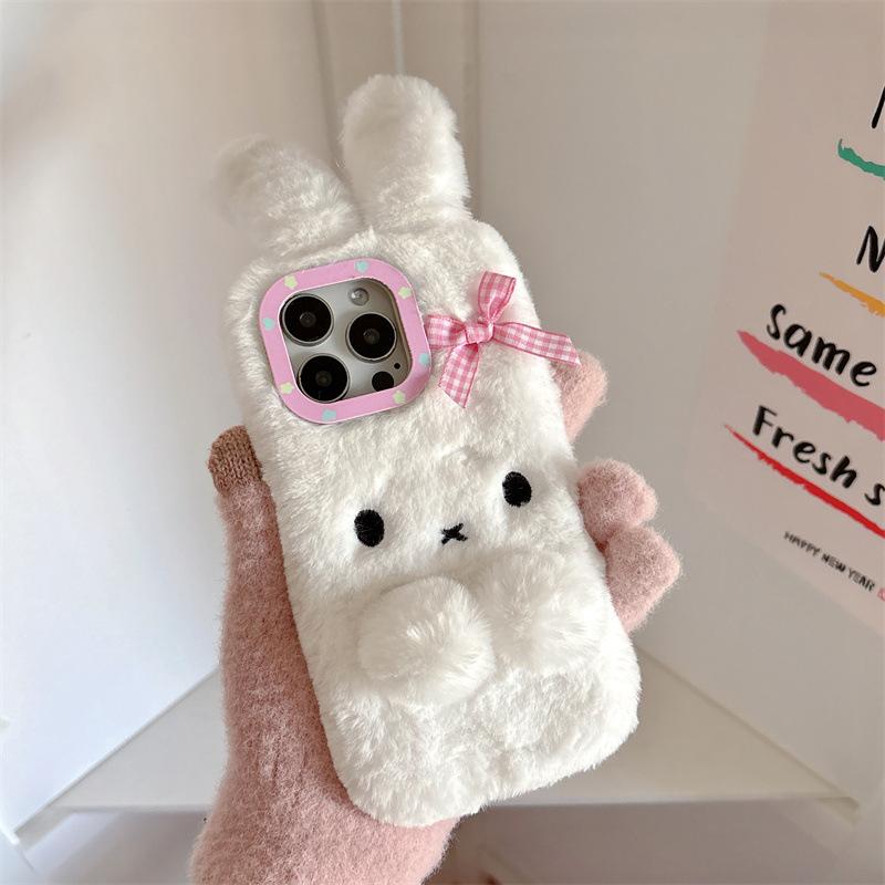 Kawaii 3D Cartoon Bowknot Rabbit Ears Warm Furry Plush Phone Case For iPhone Air 12 13 14 15 16 11 17 Pro Max Shockproof Cover