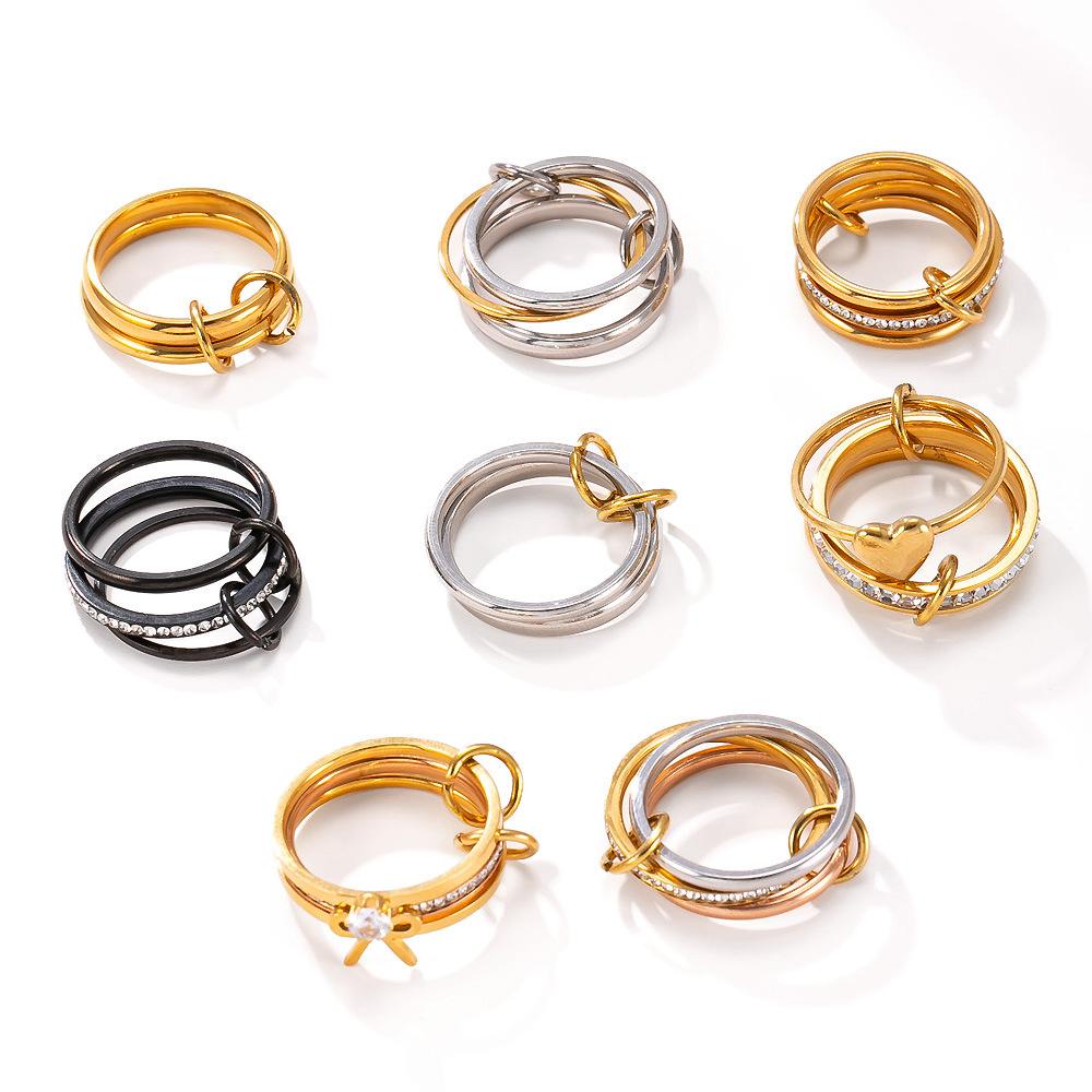 Titanium Steel Fashion Creative Plated Jewelry18k Gold Ring Three-Layer Plain Band with Inlaid Diamonds Stackable Rings Wholesale