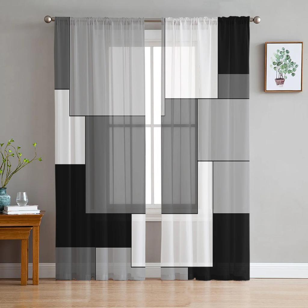 Aqua Turquoise Black Grey Patchwork Abstract Art Sheer Curtains Living Room Decoration Window Curtain Kitchen Tulle Voile Drapes