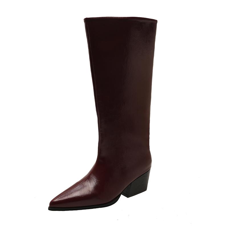 Fashion New Women's Leather Kitten Heel Square Toe Slip-on Autumn Knee High Boots Casual Female Long Boots Shoes Knee-High Boots