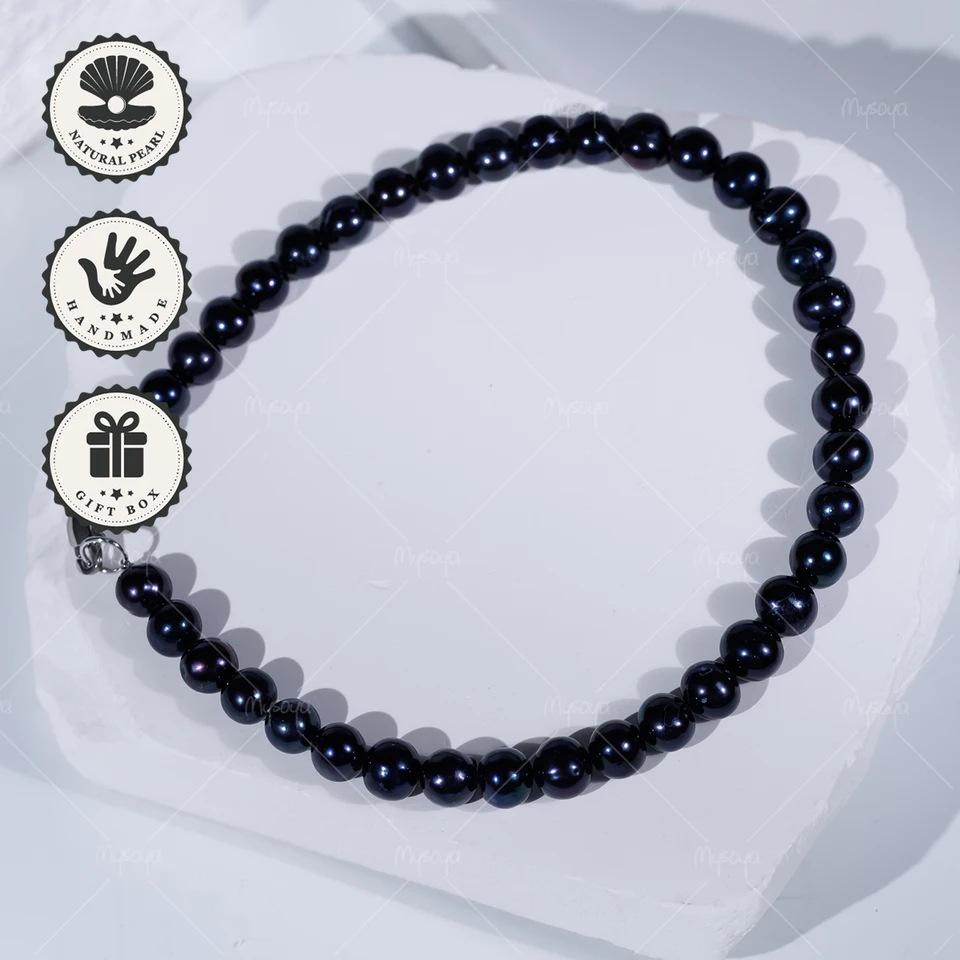 MYSOYA 9-10mm Black Freshwater Pearl Necklace with Silver Clasp 35 cm