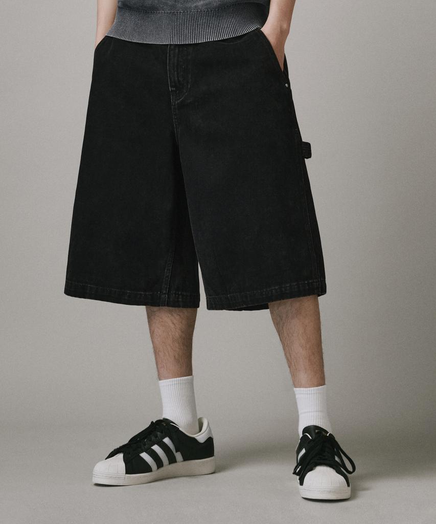 Beodeonteu Dyed Washed Carpenter Cotton Bermuda Shorts [Black]