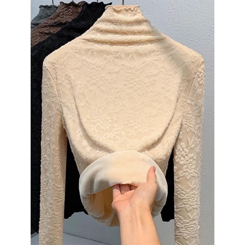 Women's High-Neck Lace Jacquard Base Layer Top - Fleece or Thin-Lined for Autumn & Winter Warmth.
