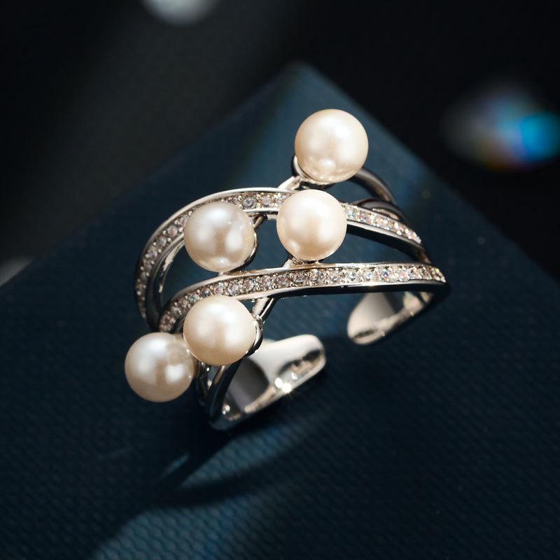 Premium Winding Micro-inlaid Zircon Imitation Pearl Opening Ring Fashionable Light Luxury Adjustable Ring New Index Finger Ring