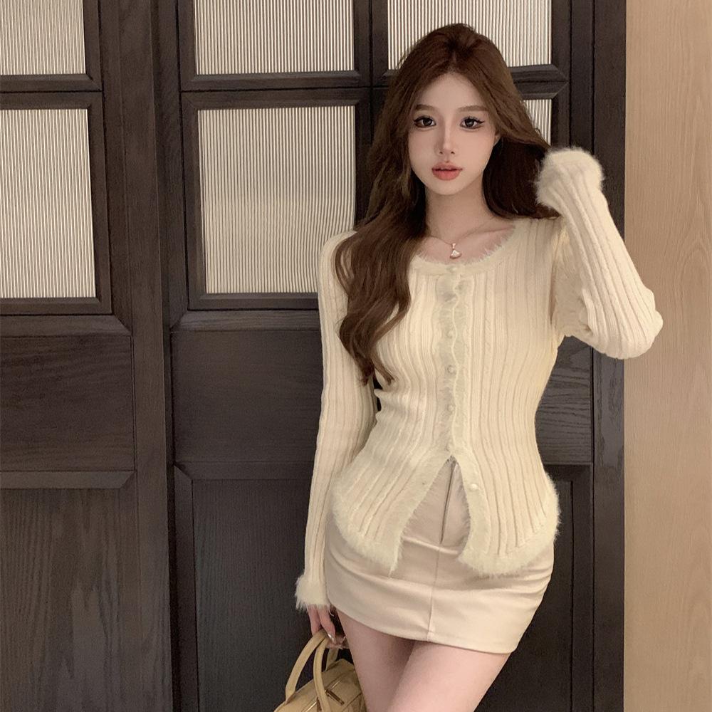 Imitation mink 7-needle arctic velvet thickened long-sleeved knitted cardigan women's autumn sexy high-end slim-fitting short sweater