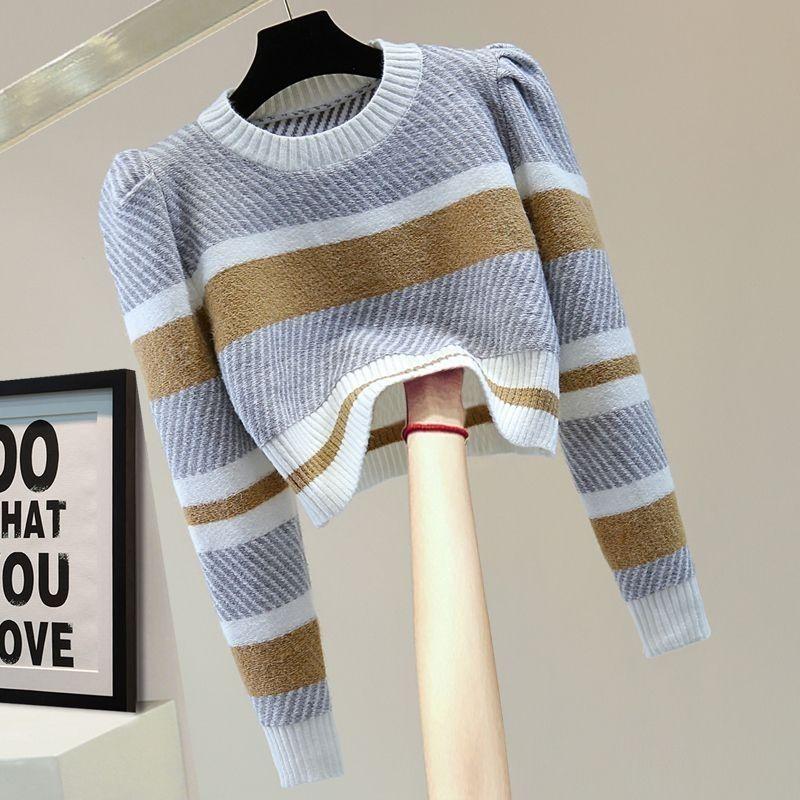 Autumn/Winter Women's Striped Sweater Round Neck Loose Color-block Pullover Sweater Short Sleeve Knitted Tops