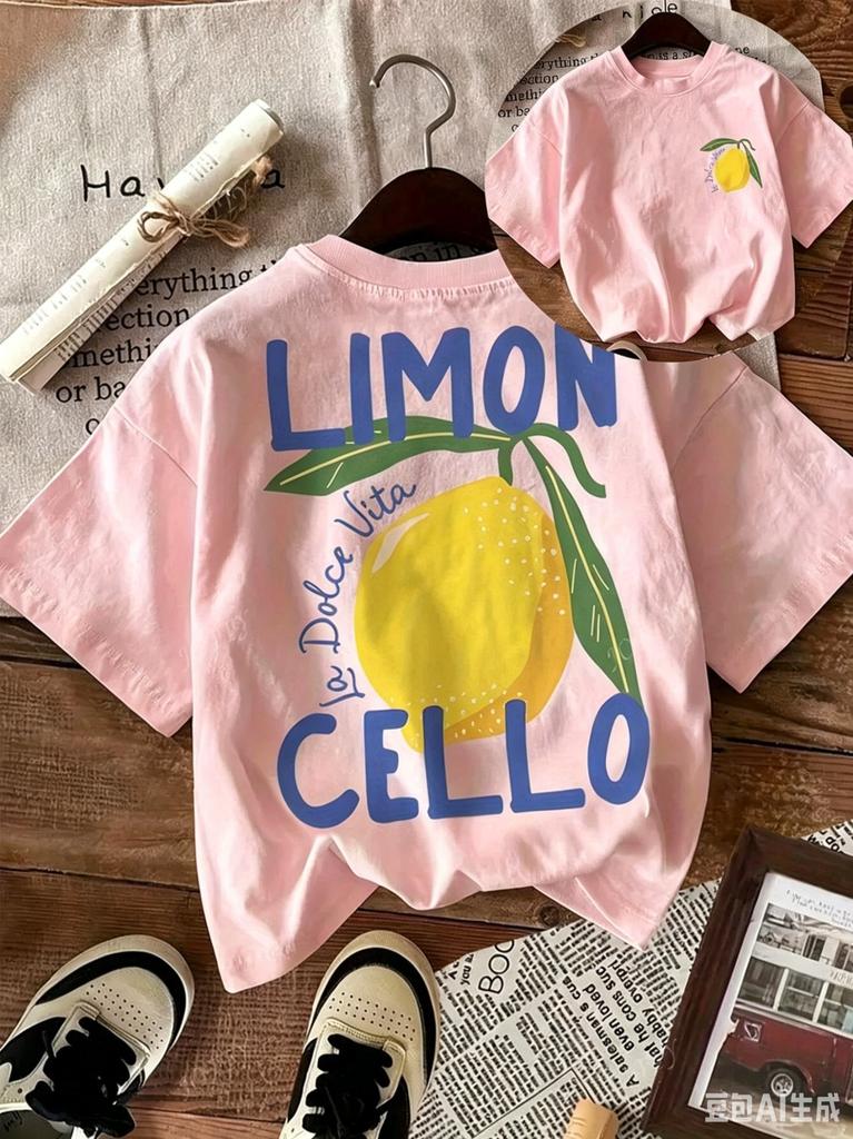 New Summer T-Shirt for Kids, Daily Casual Style, Breathable and Comfortable, Short-Sleeved, with A Cartoon Lemon Print.