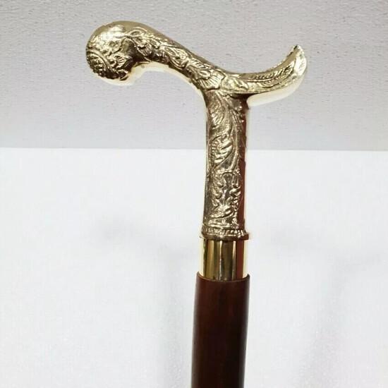 Antique Style Victorian Vintage Designer Brass Handle Cane Wooden Walking Stick
