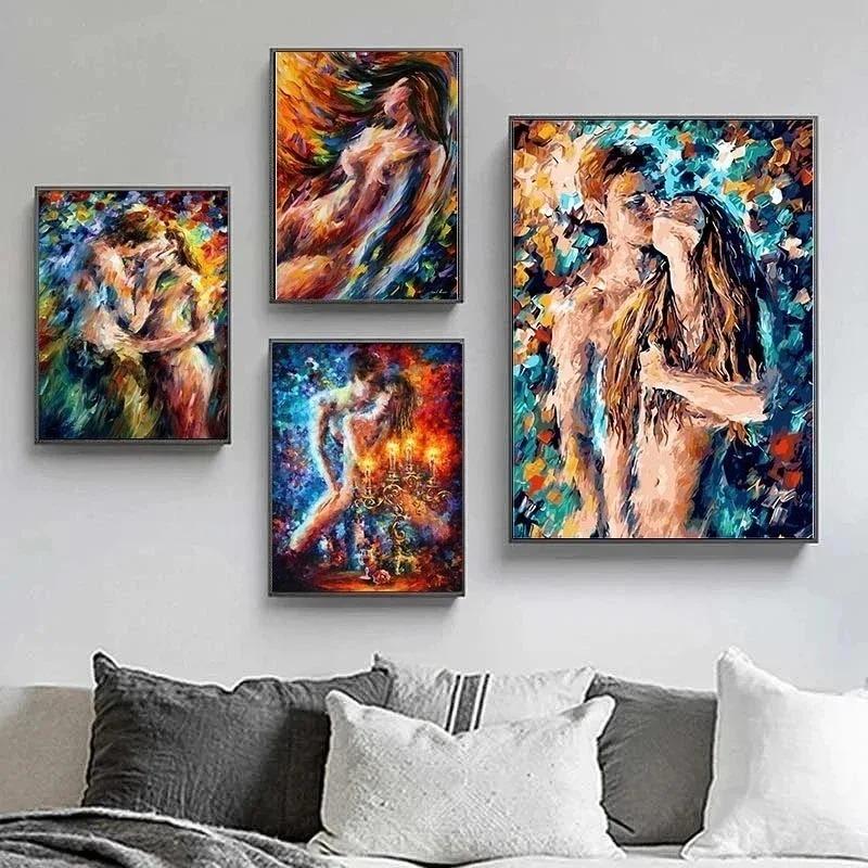 Leidenschaftlich Sexy Nackte Frau und Mann Poster Abstrakt Körperkunst Graffiti Ölgemälde Leinwanddruck für Schlafzimmer Hotel Wanddekoration