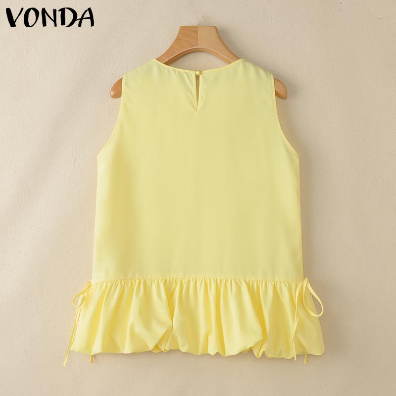 VONDA Women Summer Sleeveless Solid Color Casual Pleated Tank Tops