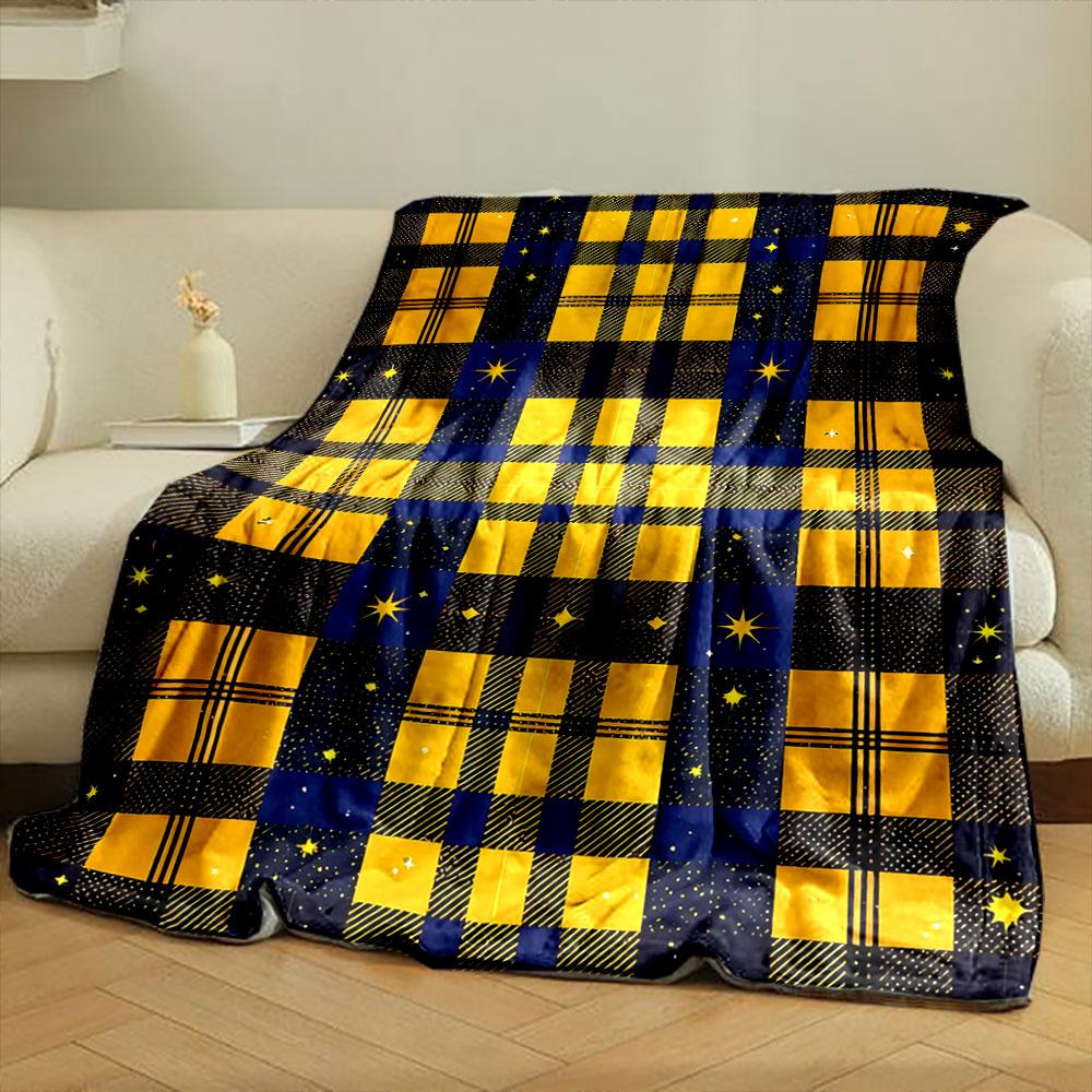 Plaid Pattern In Yellow and Blue, Combined with Starry Night Motifs. for All Seasons Blanket Lunch Break Throw Gift