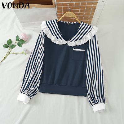 Autumn Women Lapel Long Sleeve Striped Patchwork Casual Pullover Tops