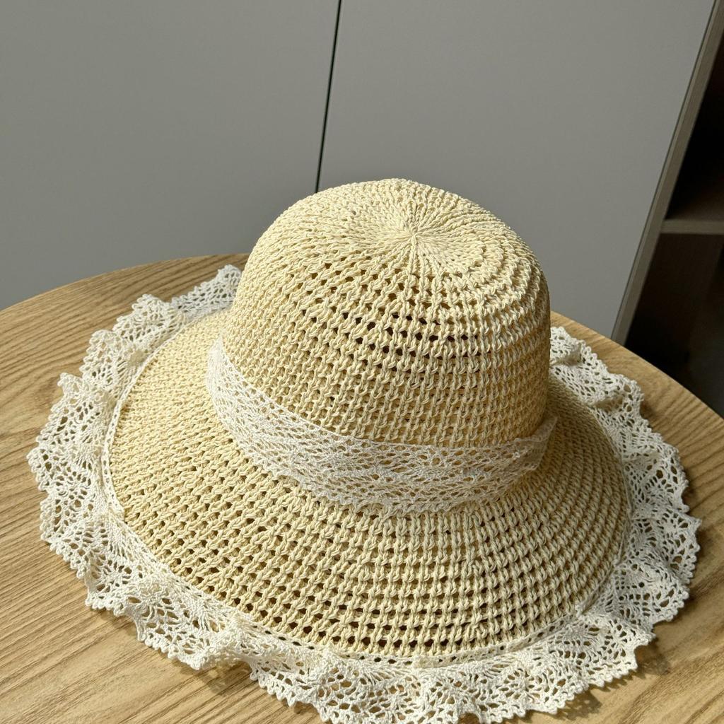 Pălărie de paie goală cu panglică din dantelă pentru femei, de primăvară-vară, pentru călătorii, protecție solară, pălărie de plajă, umbrar de soare pentru litoral, pălărie de soare