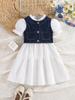 Two-piece Set for Girls: Simple and Cute Loose White Dress Paired with a Retro-style Washed Blue Denim Vest.