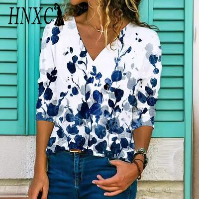 Women's Fashion Casual Autumn Winter Floral Print Long Sleeve V-Neck Blouses & Shirts