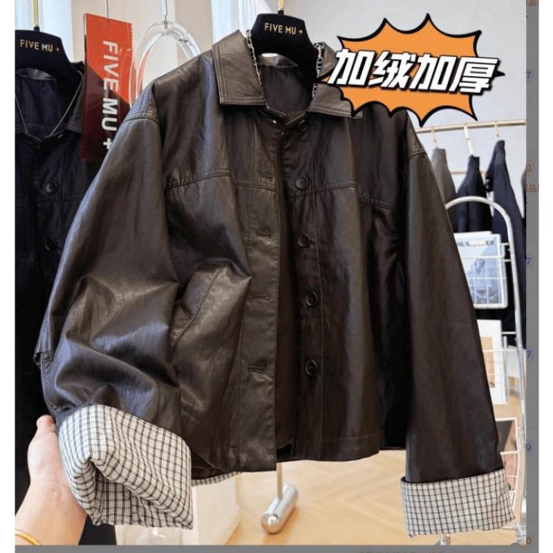 2026 Womens Thickened Fleece-Lined PU Leather Jacket Short Casual Shirt Collar Coat Korean Style