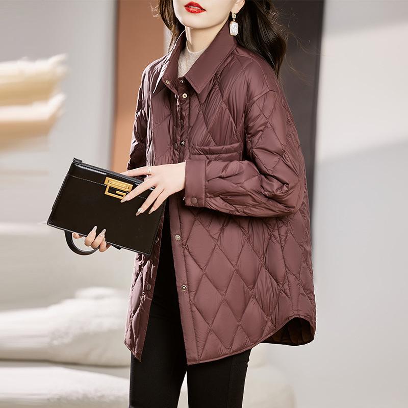 Light Down Jacket Women's Medium and Long Autumn and Winter Rhombus Shirt Collar New Autumn and Winter Fashion Coat