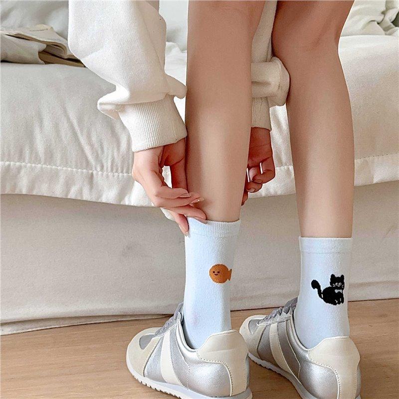 Trendy A&B Style Mid-tube Socks for Women Cute Cartoon Soft Breathable Cotton Socks Candy Color College Style Student Socks